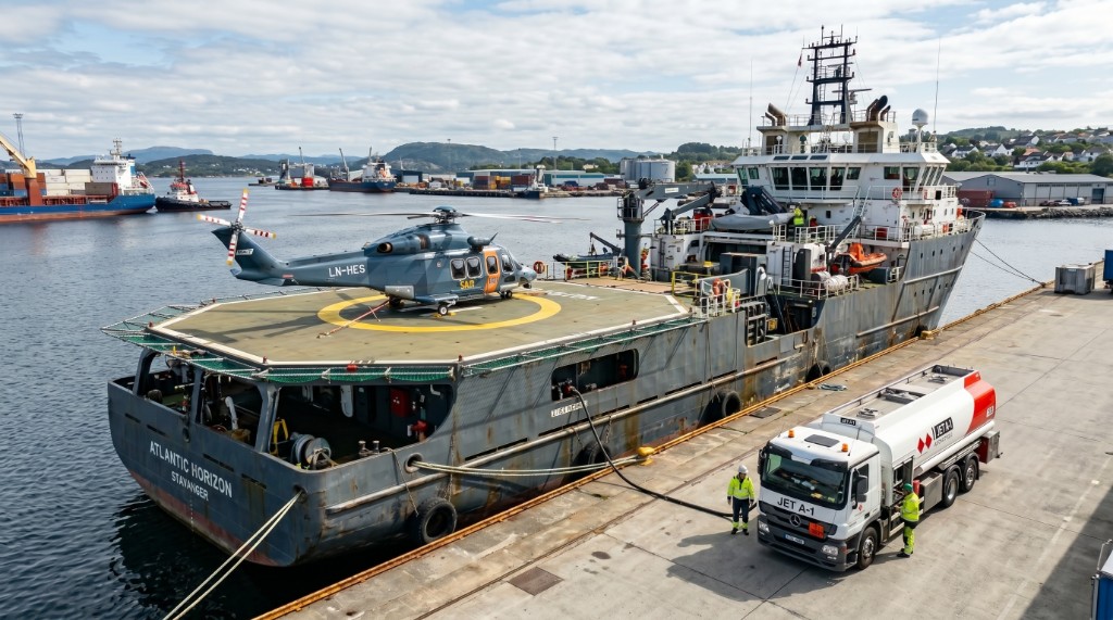 Jet A-1 tanker delivering aviation fuel alongside a vessel at port, helicopter on helipad